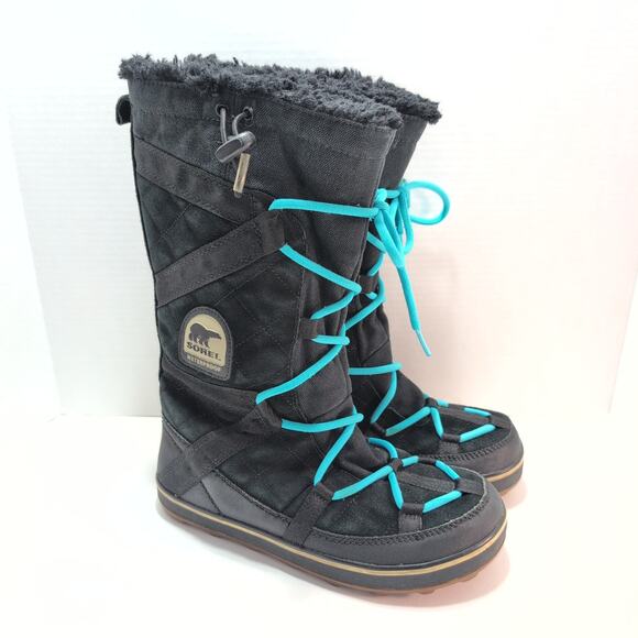 SOREL Glacy Explorer Women's 8 Waterproof Winter Fur Snow Boots Black/Blue Laces - Picture 1 of 10